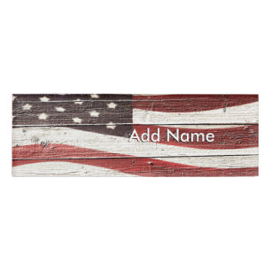 Badge D'identification Painted American Flag on Rustic Wood Texture