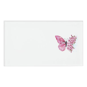 Badge D'identification Papillon à fleurs avec Sakura rose