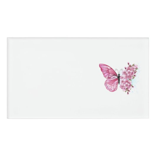 Badge D'identification Papillon à fleurs avec Sakura rose (Devant)
