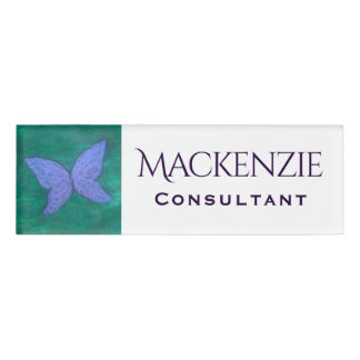 Badge D'identification Papillon Abstrait | Ailes bleues violettes moderne
