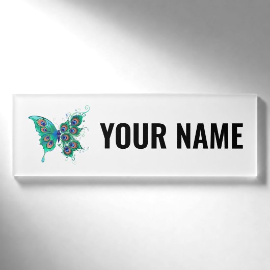 Badge D'identification Papillon aux plumes de paon vert (Devant)