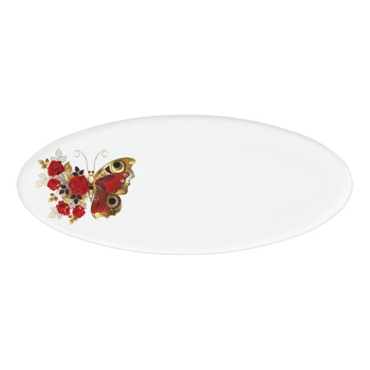 Badge D'identification Papillon de fleurs rouges aux roses rouges (Devant)