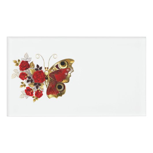 Badge D'identification Papillon de fleurs rouges aux roses rouges (Devant)