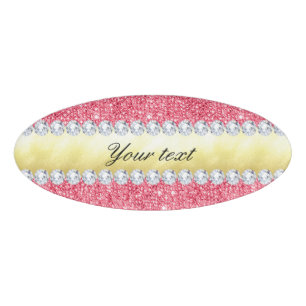Badge D'identification Pink Sequins Gold Foil et Diamants