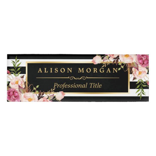 Badge D'identification Rayures blanches noires de emballage florales (Devant)