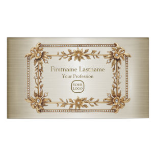 Badge D'identification Rectangle doré Fleurs Dimonées brillantes