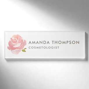 Badge D'identification Rose rose poudrée aquarelle chic