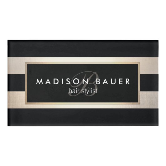 Badge D'identification Salon de beauté en or noir rayé (Devant)