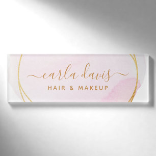 Badge D'identification Signature de script Rose poudré Aquarelle Cercle O