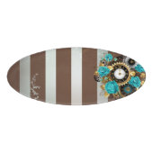 Badge D'identification Steampunk Clock and Turquoise Roses on Striped (Devant)