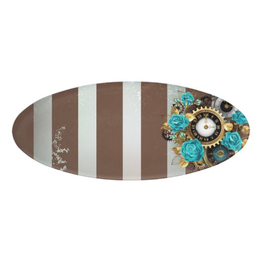Badge D'identification Steampunk Clock and Turquoise Roses on Striped (Devant)