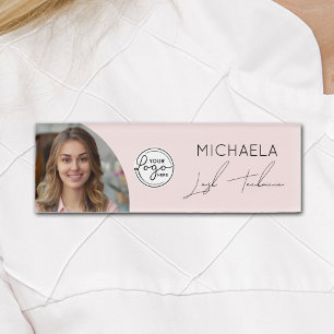 Badge D'identification Technicien des Cils Photo Logo Script Rose Pâle