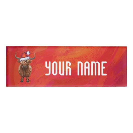 Badge D'identification Vache Highland à Santa Hat sur Red (Devant)