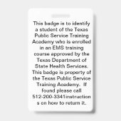 Badge d'identité de l'étudiant de la TPSTA (Arrière)