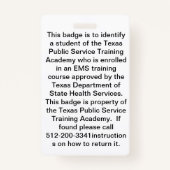 Badge d'identité de l'étudiant de la TPSTA (Dos)