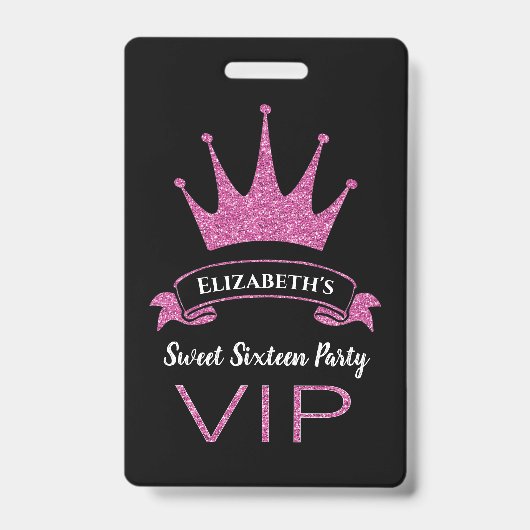 Badge Douce Seize Ans Paillettes Rose VIP Personnalisé (Avant)