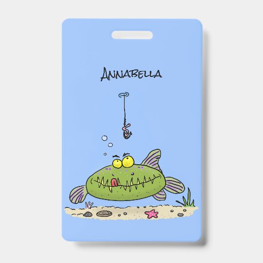 Badge Drôle gras affamé poisson vert dessin de pêche (Front)