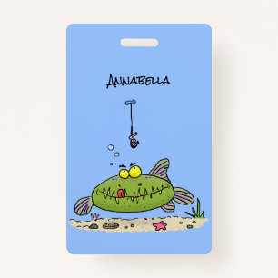 Badge Drôle gras affamé poisson vert dessin de pêche