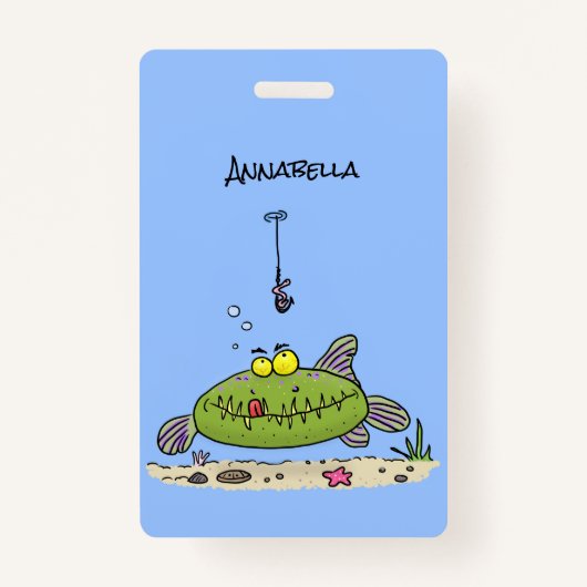Badge Drôle gras affamé poisson vert dessin de pêche (Devant)