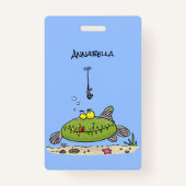 Badge Drôle gras affamé poisson vert dessin de pêche (Dos)