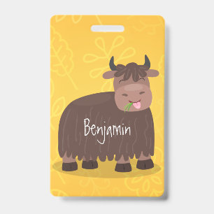 Badge Drôle joyeux yak mangeant de l'herbe dessin d'illu