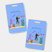 Badge Drôle plongeur et poisson mer créatures dessin ani (Avant & arrière)