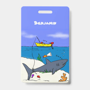 Badge Drôle requin couché et dessin animé de pêche