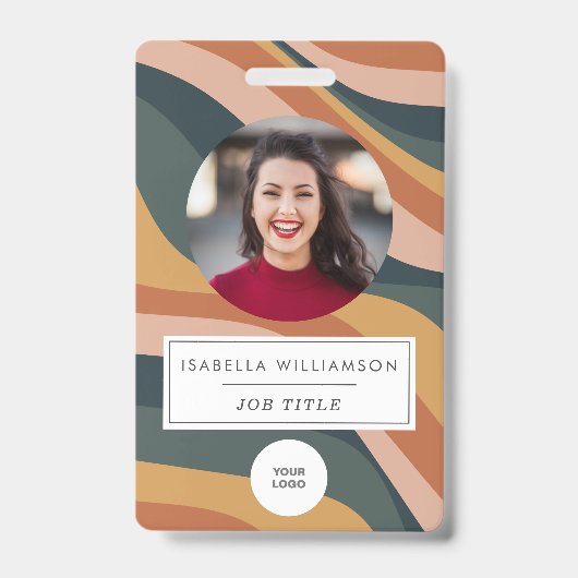 Badge Earthy Retro Wavy Lines Code photo de l'employé (Front)