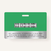 Badge Écran vert du nom du logo du code-barres des emplo (Dos)