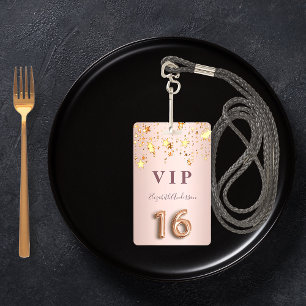 Badge Écriture de ballon rose or rose étoiles 16e annive