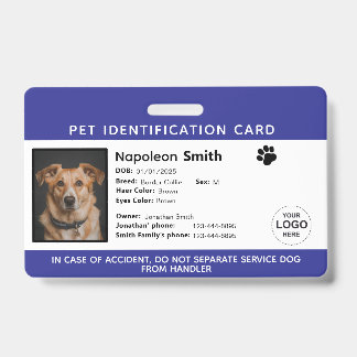 Badge Editable Pet ID Card ,Navy White Service Dog Logo