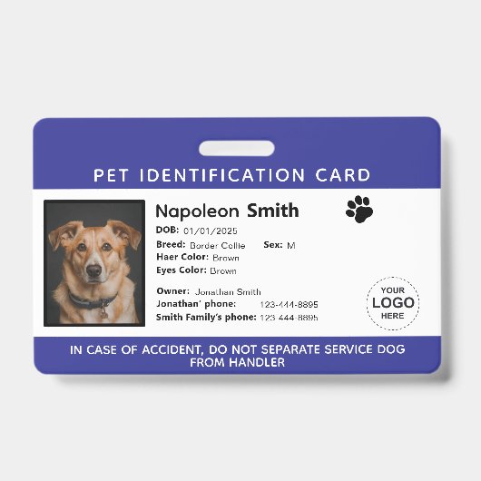 Badge Editable Pet ID Card ,Navy White Service Dog Logo (Front)
