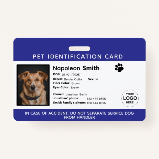 Badge Editable Pet ID Card ,Navy White Service Dog Logo (Devant)