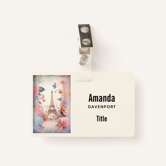 Badge Eiffel Tower Butterflies and Flowers (Devant avec clip)