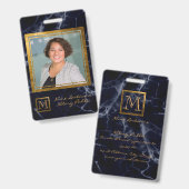 Badge Élégant Carré bleu marine Monogramme or Notaire (Front & Back)