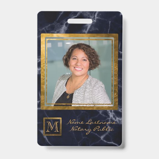 Badge Élégant Carré bleu marine Monogramme or Notaire (Front)