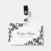 Badge Élégant damas blanc et dentelle noire (Avant avec clip)