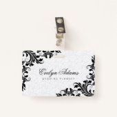 Badge Elégant Damas blanc et dentelle noire (Devant avec clip)