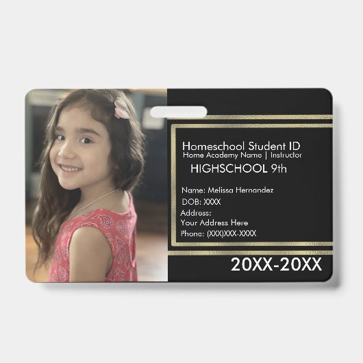Badge Elégant Homeschooling School ID Black Gold (Face)