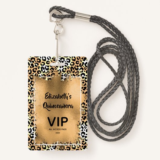 Badge Elégant Leopard Quinceañera Invitation VIP Pass (Devant avec lanière)