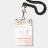 Badge Élégant or rose floral eucalyptus or seize (Avant avec lanière)