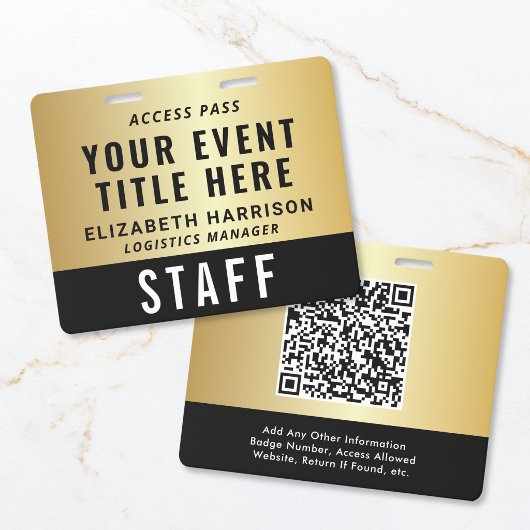 Badge Elegant QR Code Black Gold Event Access Pass ID