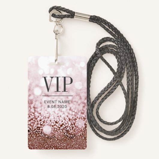 Badge Élégant Rose d'accès VIP Parties scintillant Gold  (Devant avec lanière)