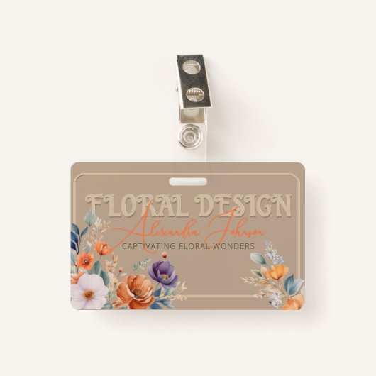 Badge Elégant Rustique Kraft Boho Floral Design Embossé (Devant avec clip)