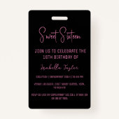 Badge Élégant Sweet sixteen de script rose Invitation VI (Dos)