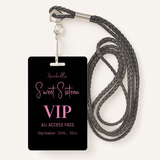 Badge Élégant Sweet sixteen de script rose Invitation VI (Devant avec lanière)