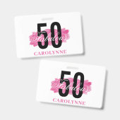 Badge Elégante Aquarelle rose 50e anniversaire (Avant & arrière)