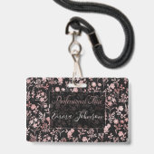 Badge Élégante Rose Fleurs d'or Noir Botanique (Avant avec lanière)