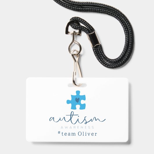 Badge élément de puzzle bleu de sensibilisation à l'auti (Avant avec lanière)