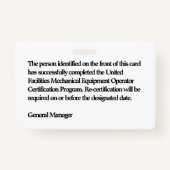 Badge Employé 2 de Forklift Company (Dos)